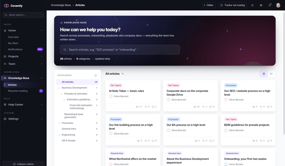 The Knowledge base screen in Covently